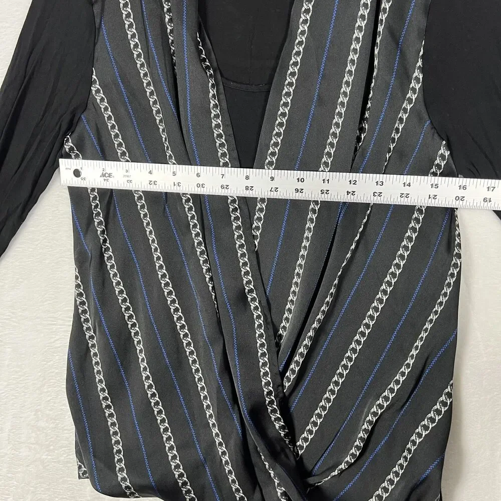 Michael Michael Kors Women's Wrap Top Small Black Chain Print Long Sleeve Blouse